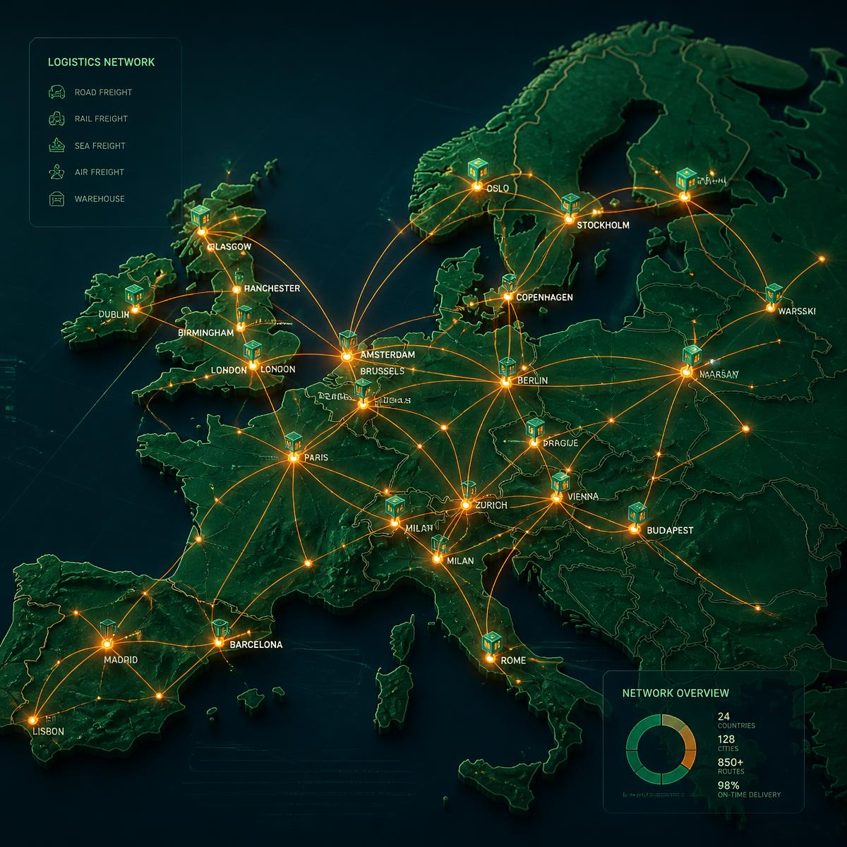 Map of European and UK distribution routes operated by Sergotech